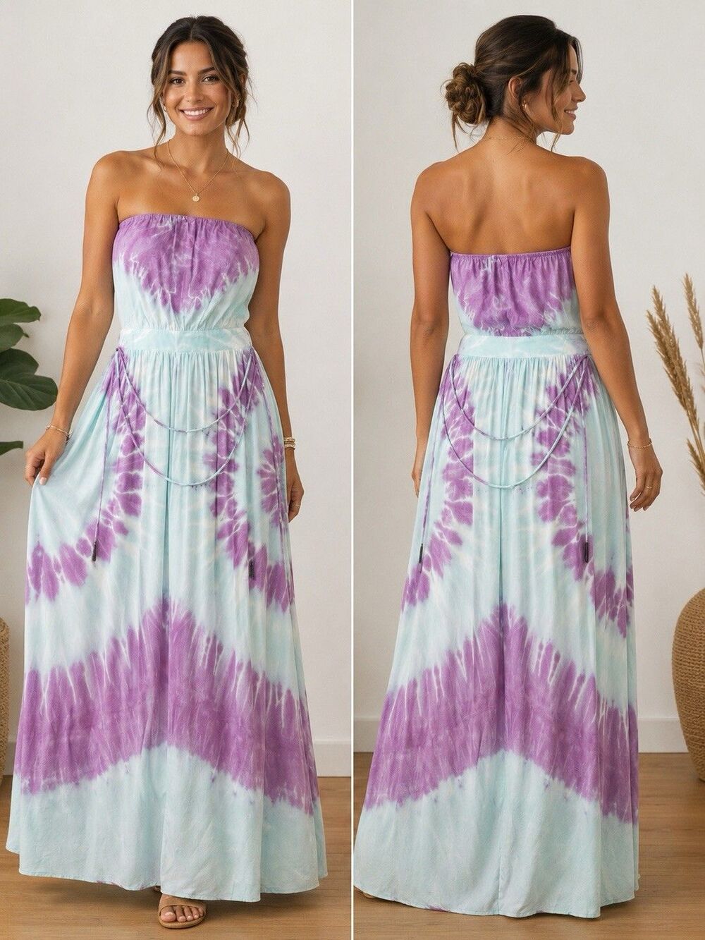 (B4) Gypsy 05 Maxi Dress Silk Tie-dye Pastel Watercolor Boho Beach Blue Purple,S